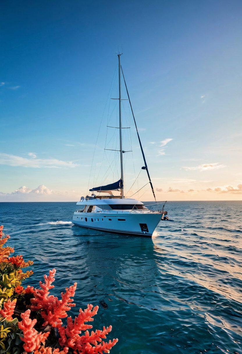 A luxurious yacht floating on a serene ocean under a clear blue sky, surrounded by vibrant coral reefs. In the foreground, a checklist of yacht insurance benefits and coverage options, artistically integrated with maritime elements like anchors and compass rose. Soft sunlight reflecting off the water creates a warm, inviting atmosphere. Ideally suited for an informative yet captivating visual. super-realistic. vibrant colors. 3D.