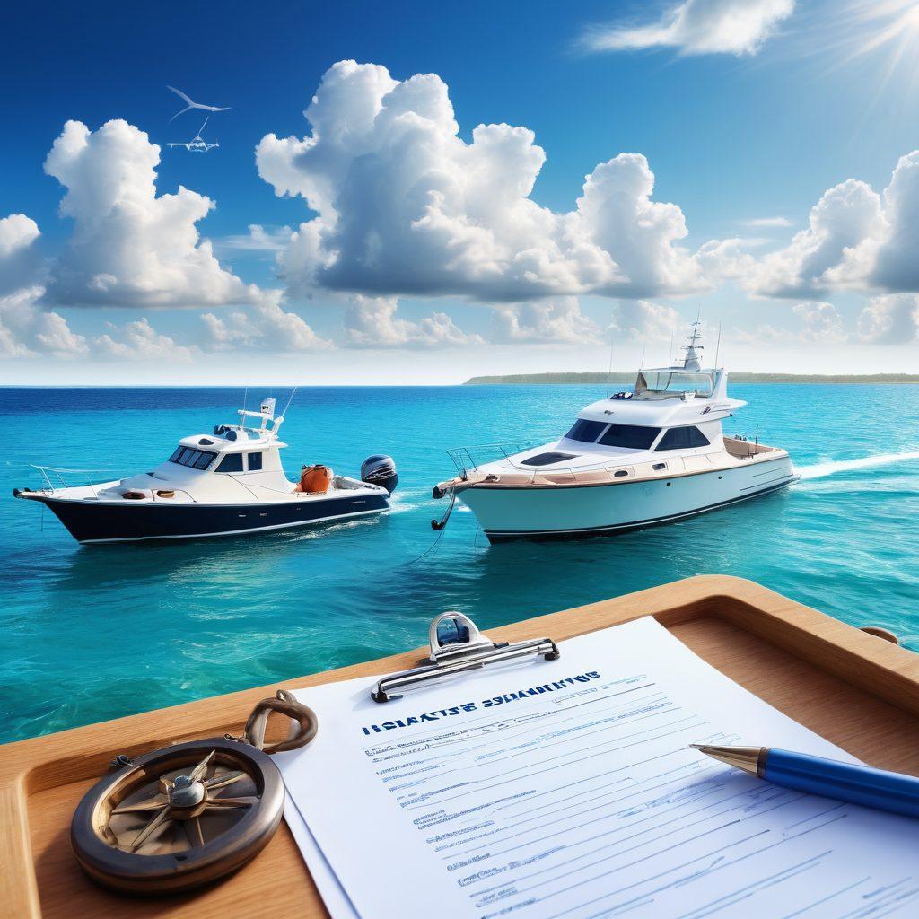 A serene marine scene featuring various boats anchored peacefully by a sunlit shore. Overlay informative icons symbolizing insurance tips, such as a clipboard, shield, and checklist, scattered among the boats. The sky is a bright blue, with fluffy clouds, and the water shimmering in sunlight. Include a subtle watermark of a compass to represent navigation and guidance in insurance. vibrant colors. 3D.