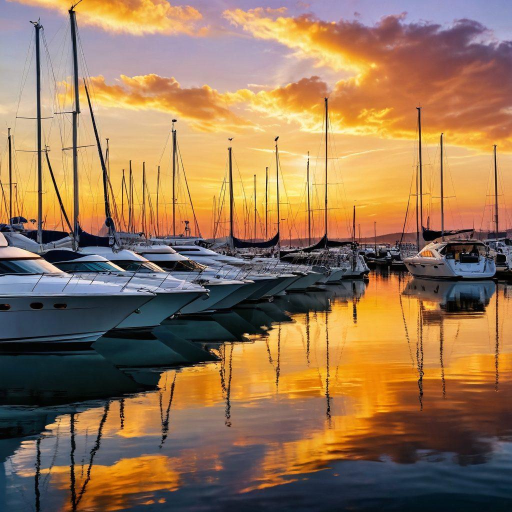 A serene marina at sunset, featuring a variety of yachts bobbing gently on the water, a confident person standing proudly on the deck of a sleek yacht with sailing gear in hand, the waves reflecting the golden hues of the sky, symbols of security and insurance subtly integrated into the scene, like a shield or lock in the sails. super-realistic. vibrant colors. peaceful ambiance.